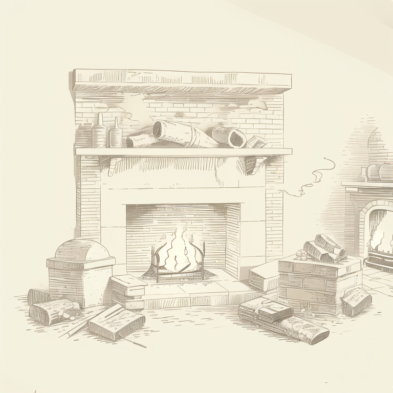(masterpiece, best quality:1.1), (sketch:1.1), paper, fireplace, brick, logs, fire, smoke